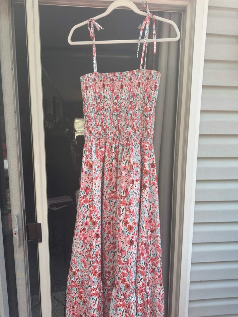 Floral Smocked Maxi Dress with Tie Straps - Coral & White
